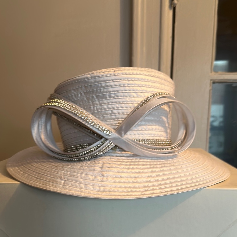 White and Silver Wide-Brimmed Hat with Decorative Band